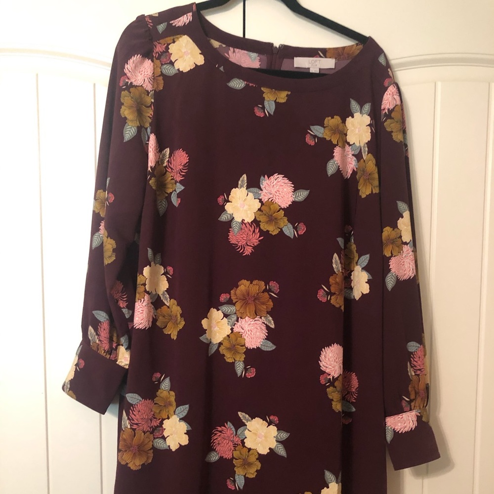 Loft Maroon Fall Floral Dress with button cuff